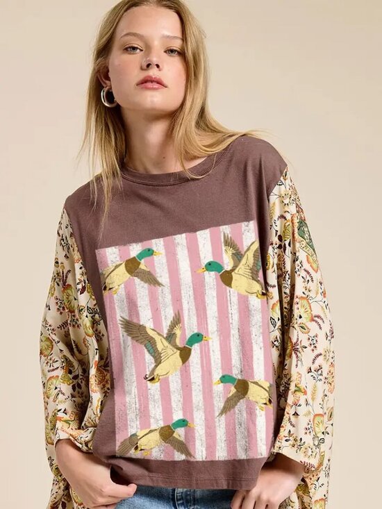 Zutter Tops - Brown Mallard Ducks Vintage Graphic Rustic Sheer Kaftan Top NWT